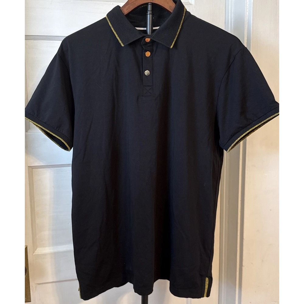 Scott James Men's Polo Short Sleeve Shirt Size Large Black Gold Cotton